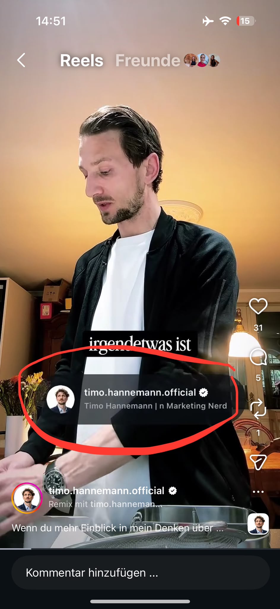 Verweis auf das eigene Profil in einem Reel, Avatar und Accountname als anklickbare Karte